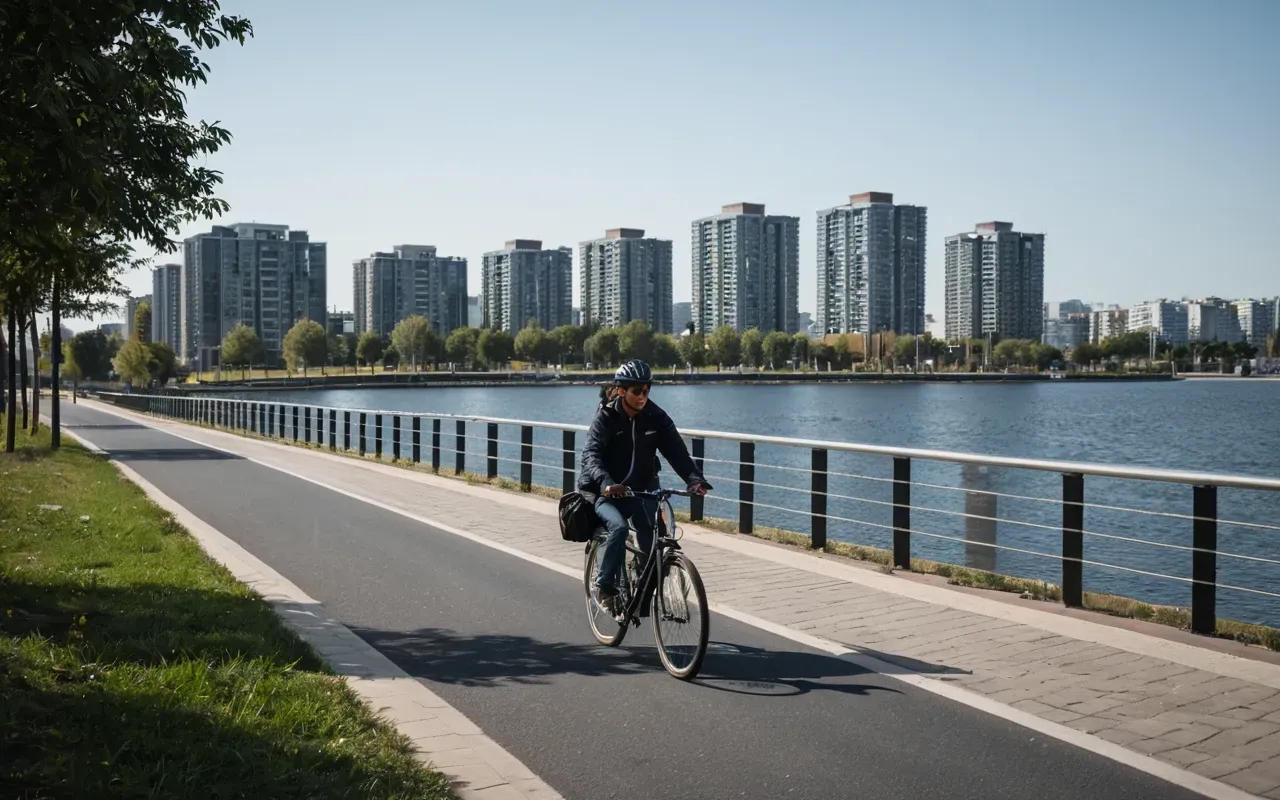 A person riding a city bike on a paved path near water. The background shows modern buildings and clear sky.