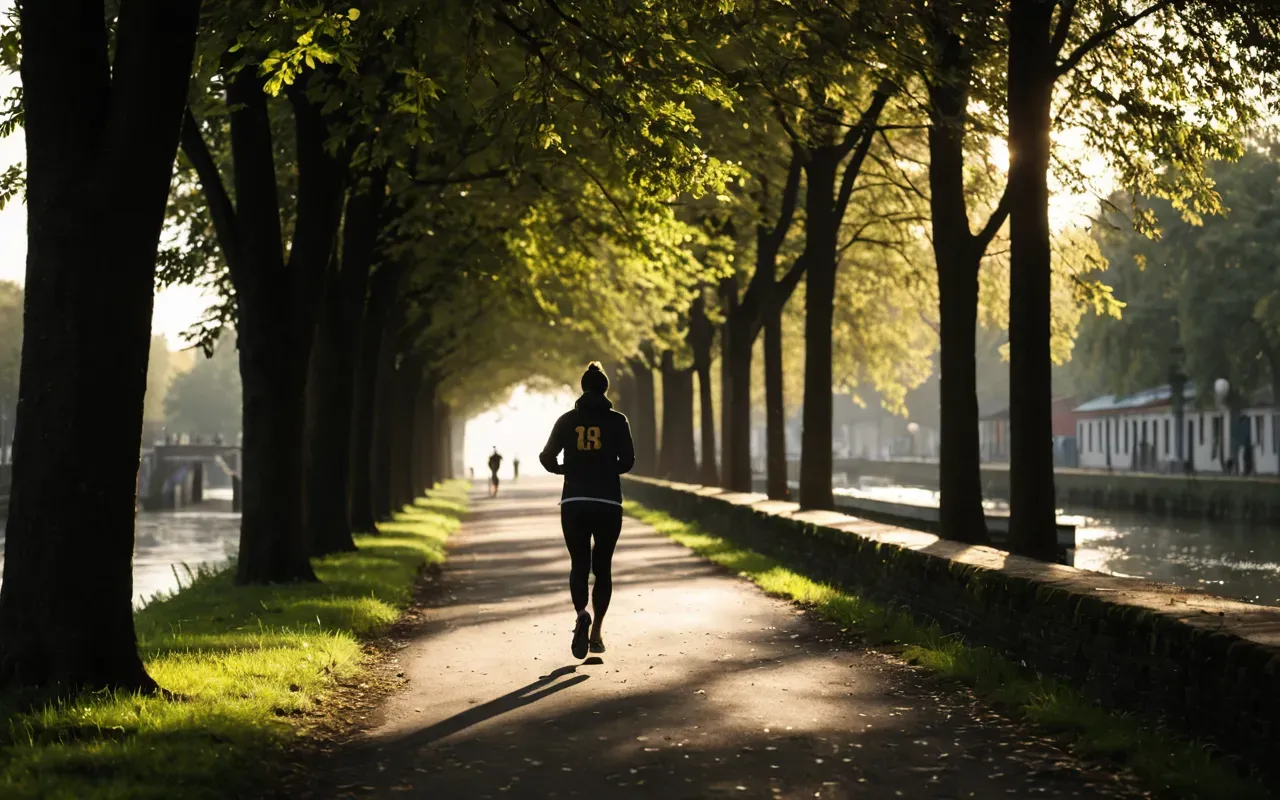 running lifestyle A silhouette of a person jogging along a tree-lined canal path in the early morning, wearing athletic gear, with soft golden sunlight filtering through the leaves, capturing a sense of calm and solitary focus.