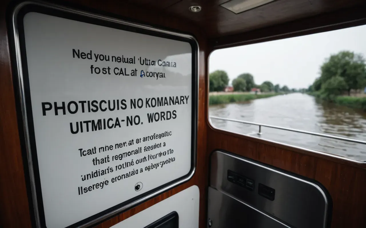 A view from inside a modern tour boat looking out at a canal. The water outside is calm and blue. Inside, the interior is clean and modern with white seating. The perspective is from a passenger seat, looking towards the bow. The lighting is natural and soft, creating a calm atmosphere despite the underlying issue of the water supply. No text or people are visible in the frame.