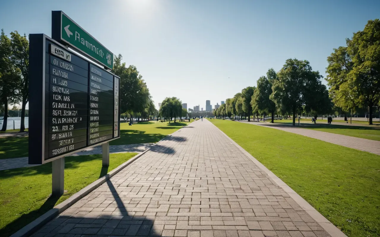 A wide angle shot of a modern city park with paved walkways and green lawns next to a calm body of water reflecting the sky under bright daylight with no people or text visible.
