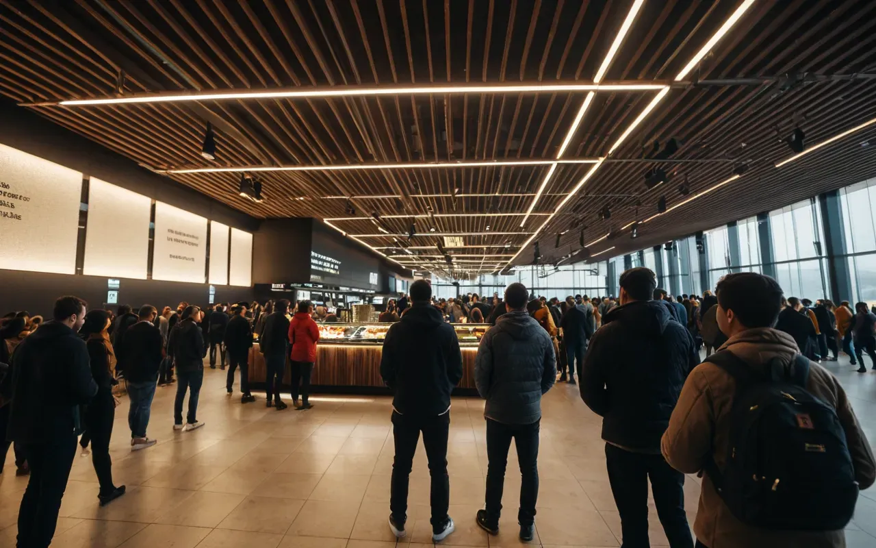 A wide angle shot of a modern indoor venue with warm amber lighting. A crowd of diverse people stands in loose clusters near tall glass walls reflecting the glow.