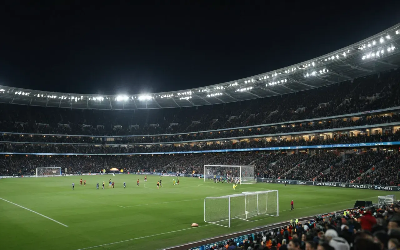 live music event A wide shot of a large modern stadium at night, with bright floodlights illuminating the field and stands full of people, capturing the scale and energy of a major live music event, with a clear blue sky above.