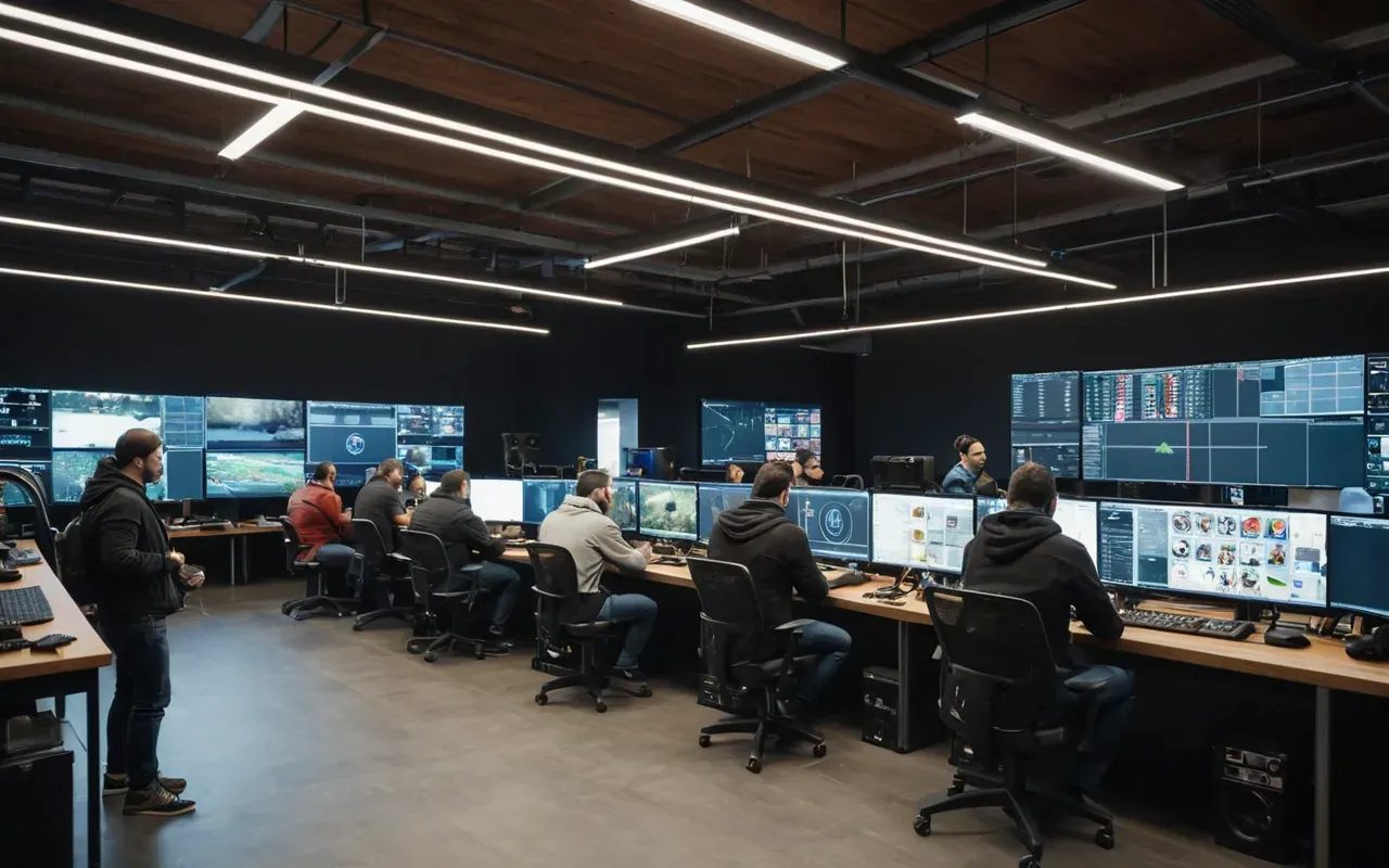 A wide shot of a modern game studio with multiple workstations, artists reviewing digital art on large screens, collaborative atmosphere, bright lighting, diverse team members, no text or signage visible