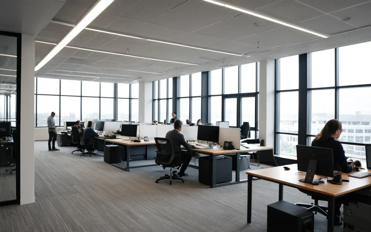 A wide shot of a modern open-plan office space with large windows letting in natural light and several people working at standing desks near floor-to-ceiling glass walls.