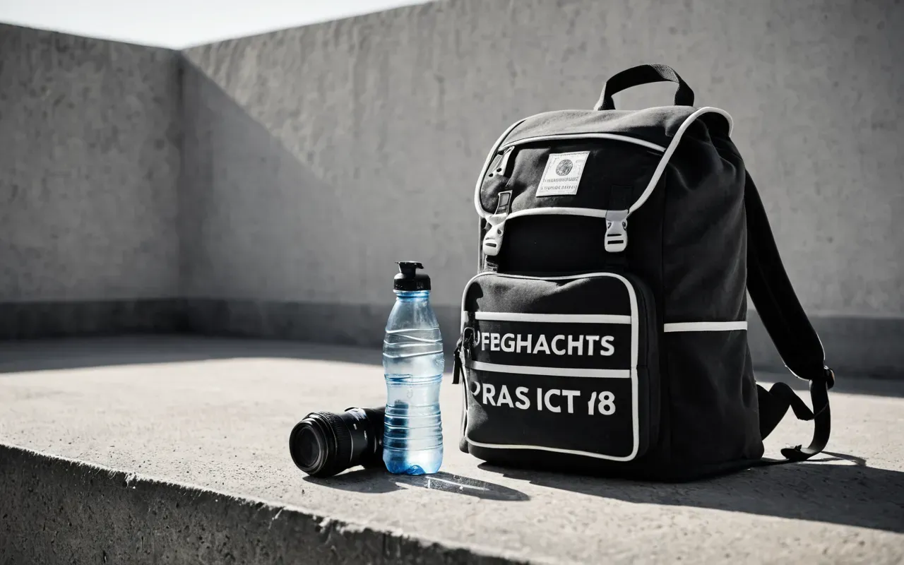 Clean editorial still life of a small travel backpack and water bottle arranged on a concrete surface with diffused soft light creating monochrome neutral tones