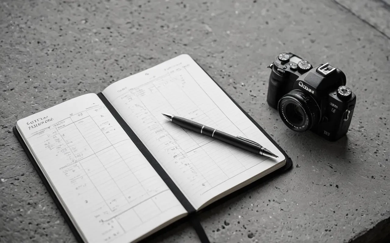 Clean editorial still life of a travel journal, pen, and small map on a concrete surface, diffused soft light, monochrome neutral tones, no text visible