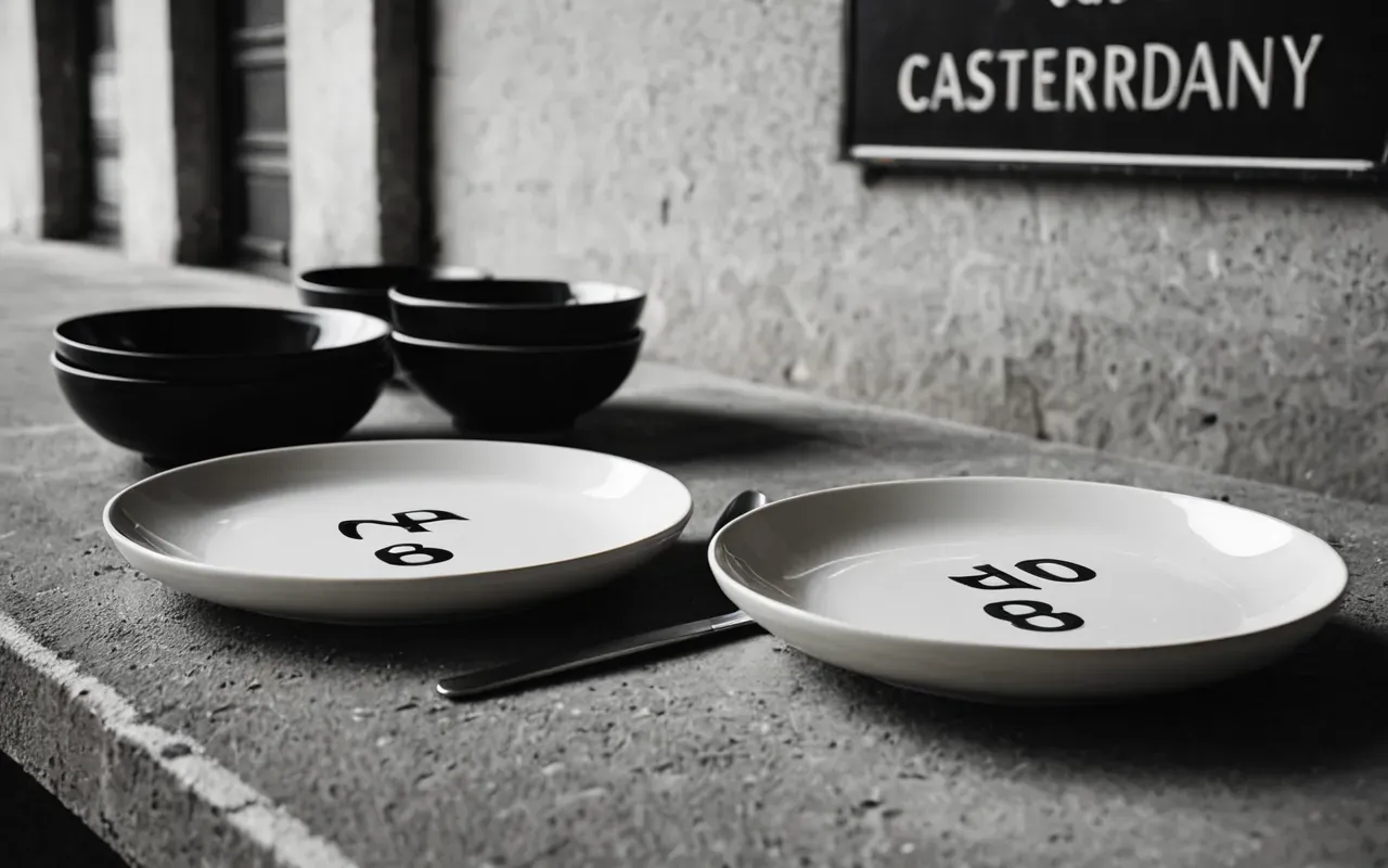 Clean editorial still life of ceramic dishware on a concrete surface, diffused soft light, monochrome neutral tones