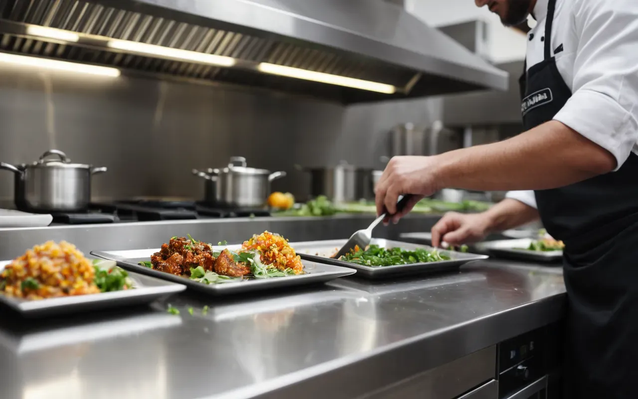 Close-up of a chef plating contemporary cuisine in a clean stainless-steel professional kitchen, shallow depth of field
