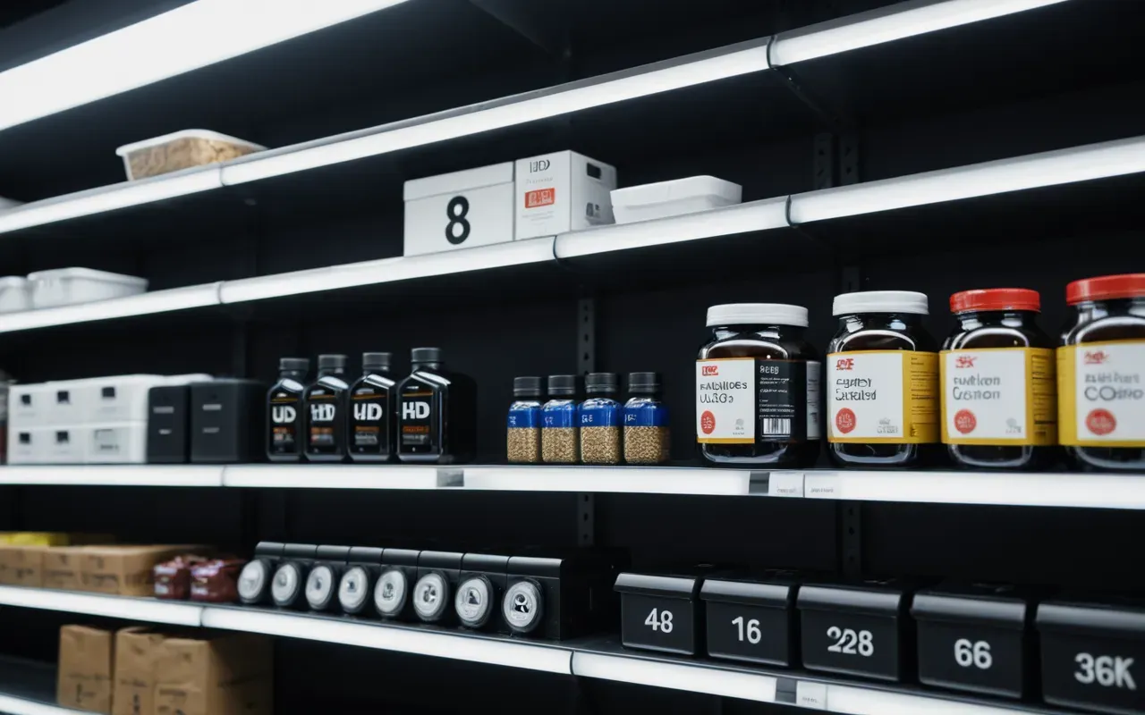 Close up of a modern retail store shelf with neatly arranged electronic gadgets and accessories under bright spotlights showing clean packaging without any visible text or branding