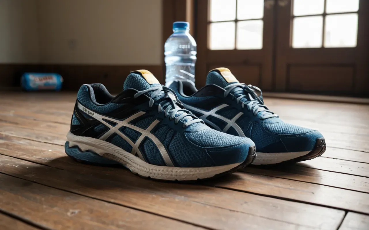 Close up of a pair of worn running shoes placed on a clean wooden floor next to a water bottle and energy bar packaging in soft natural light