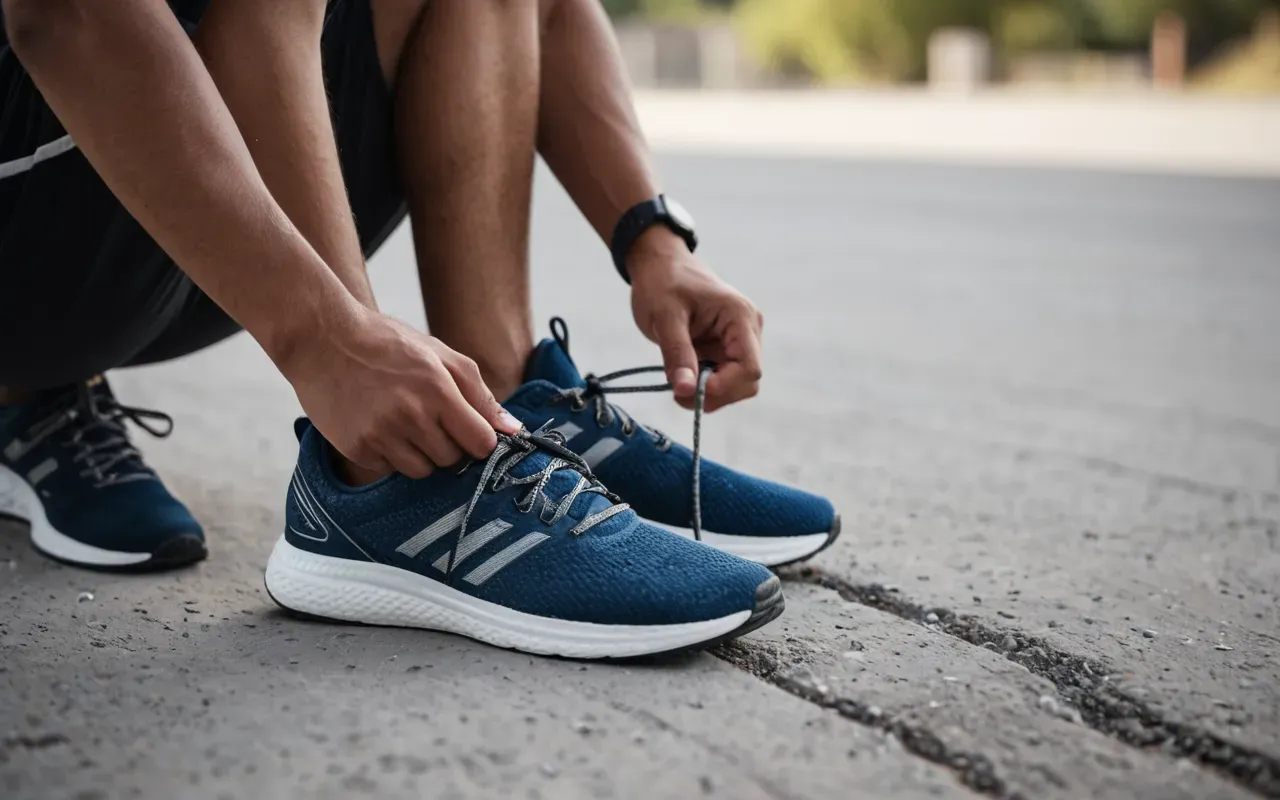 Close up of a runner tying shoelaces on a clean concrete surface with soft morning light and shallow depth of field showing blurred background details