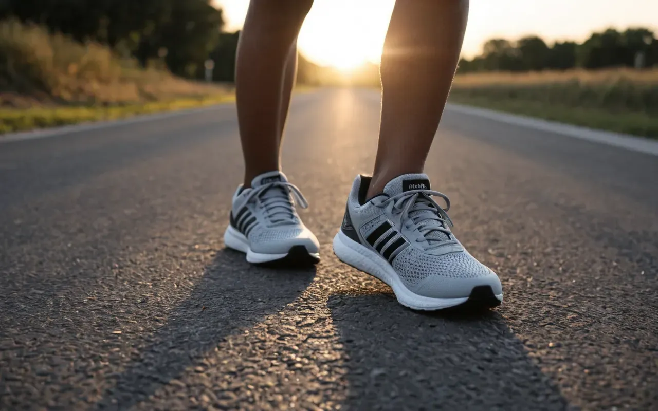 Close-up of a runner's feet in modern running shoes on a clean paved path at dawn, soft natural light, shallow depth of field, neutral tones