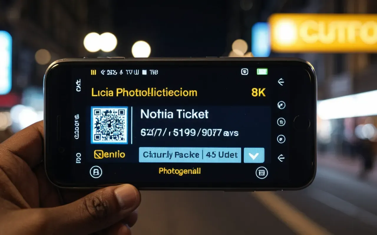 Close-up of a smartphone screen displaying a digital ticket interface with a blurred background of a modern city street at night, shallow depth of field, high contrast lighting