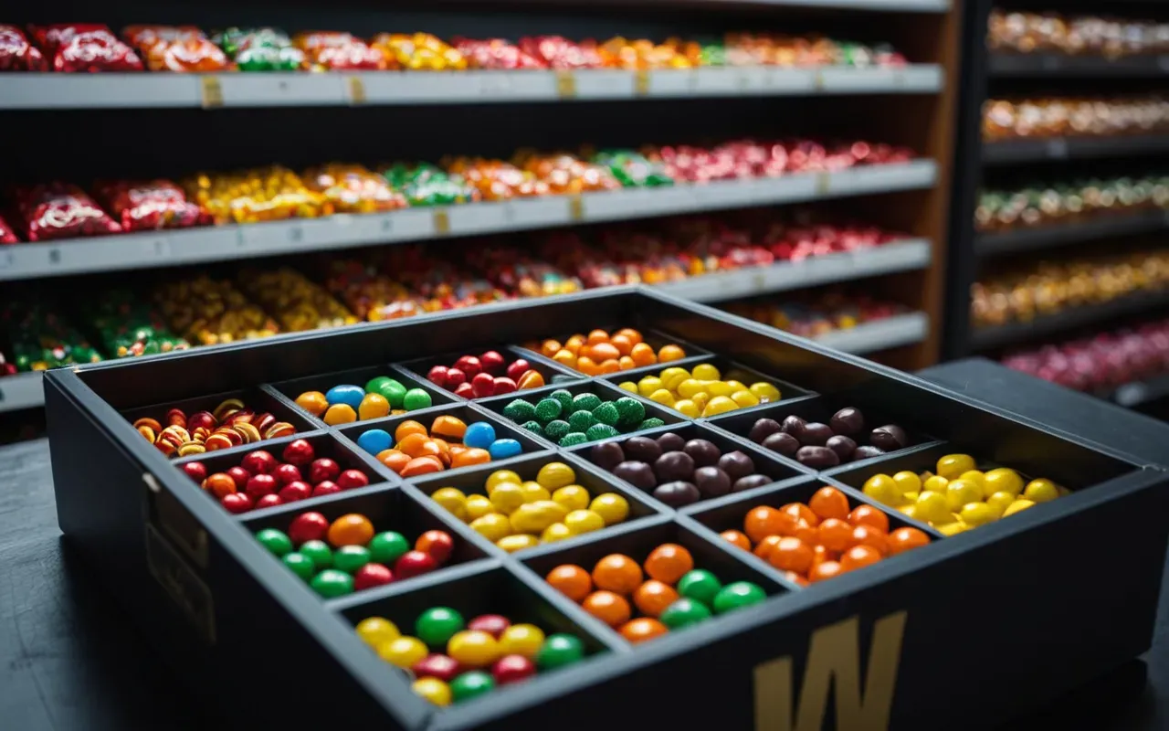 Close up of an open box containing assorted wrapped candies in bright colors arranged neatly on a dark surface with soft focus background showing blurred shelves