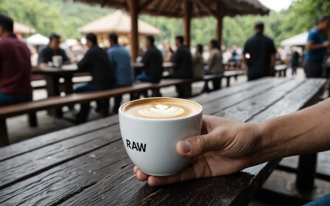 coffee break Close up of hands holding a cup of coffee in an outdoor setting with blurred background of people sitting on benches under natural daylight without any text or logos.