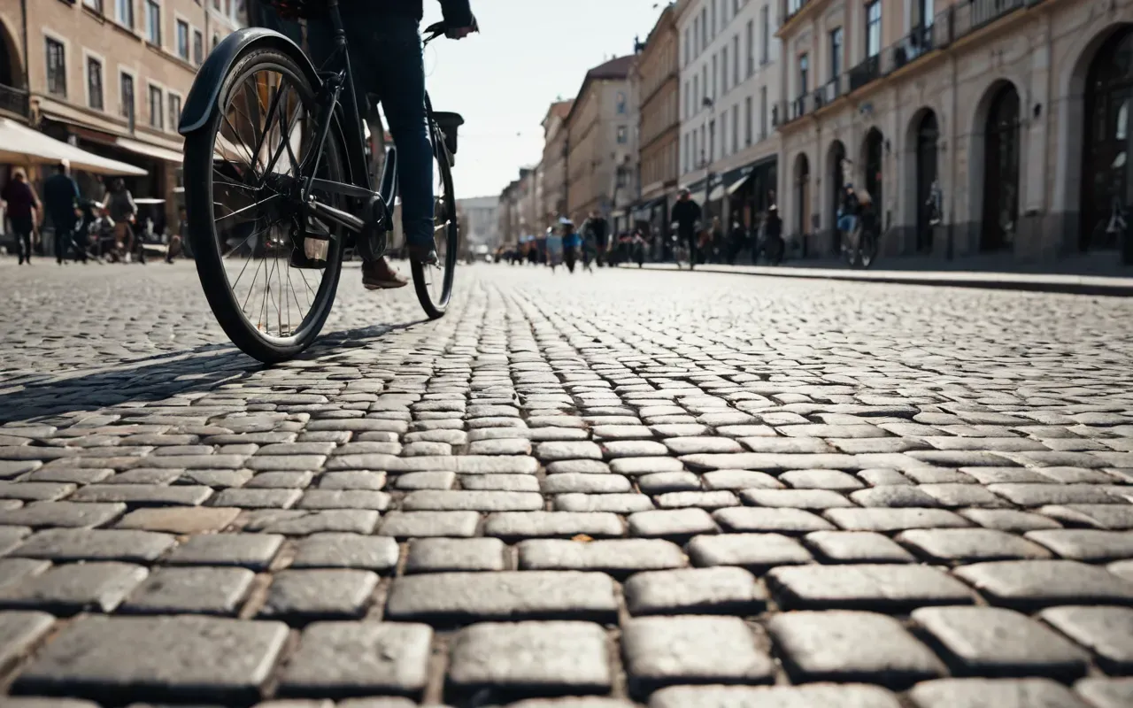 street flow Close up view of a modern city street with paved cobblestones and bicycle lanes under bright daylight showing the movement of people walking in different directions without any signs or text.
