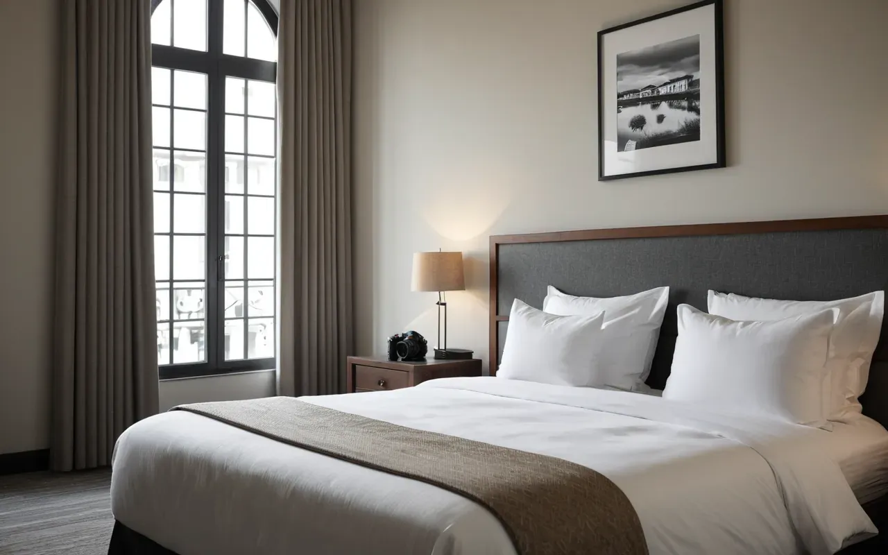 Interior of a modern boutique hotel suite with made bed, neutral linens, and large windows, soft morning light