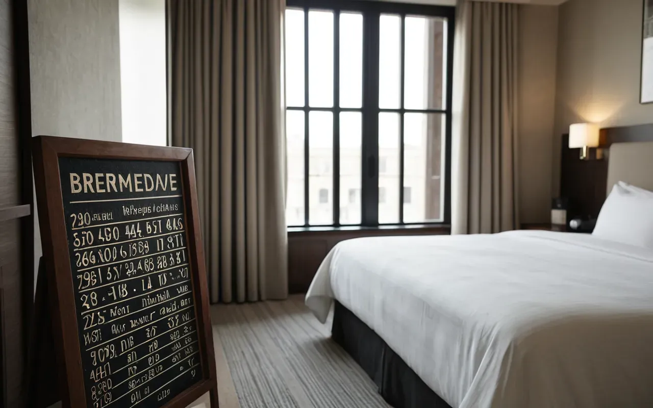 Interior of a modern boutique hotel suite with made bed and neutral linens featuring large windows that let in soft morning light creating a calm atmosphere