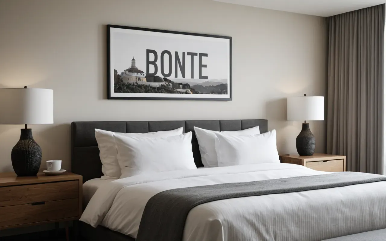 Interior of a modern boutique hotel suite with made bed and neutral linens, large windows showing soft morning light, clean minimal aesthetic, editorial photography