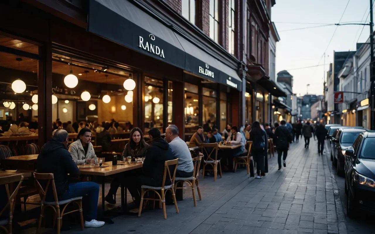 cafe scene Interior view of a modern cafe with large windows looking out onto a busy street at dusk with soft warm lighting and people sitting at wooden tables without any text or menus visible.