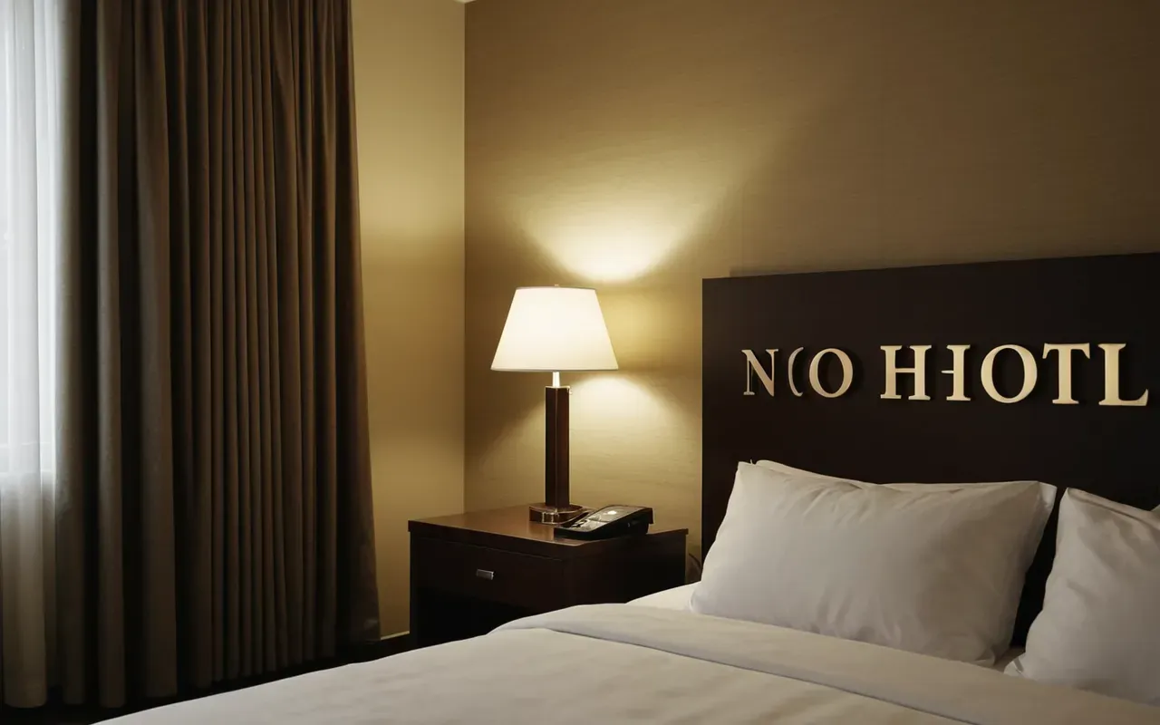 Interior view of a modern hotel room at night with closed heavy curtains and soft bedside lamp lighting, clean neutral tones, no visible text or signage on walls or furniture surfaces