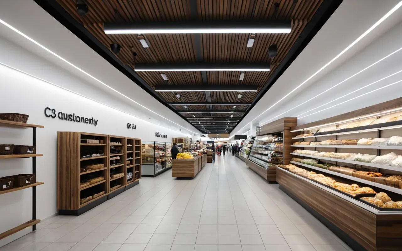 Interior view of a modern shopping corridor with clean white walls and wooden display cases featuring various small goods under soft overhead lighting creating a calm atmosphere