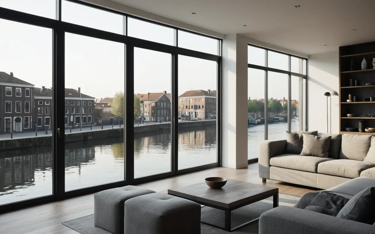 Modern minimalist living room interior with a view of a calm urban canal through large glass windows, soft morning light, neutral color palette, editorial style