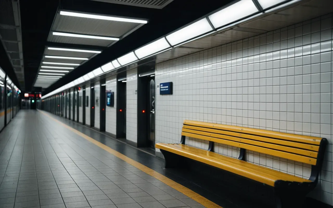 Modern public transit station platform at night with clean tiled walls and bright overhead fluorescent lighting, empty bench seat in foreground, no visible people or written signage anywhere in the frame composition