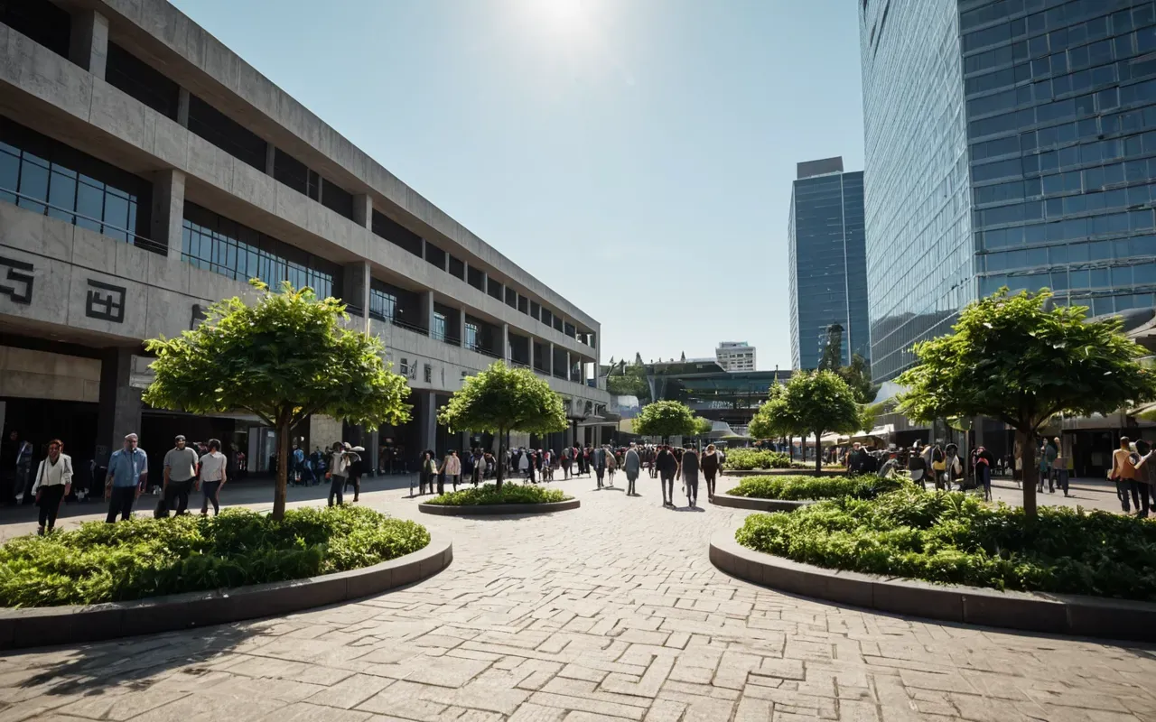 plaza view Wide angle shot of a modern city plaza with geometric shapes and greenery under bright sunny skies showing people walking through the space without any signage or text.
