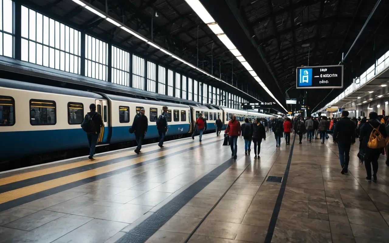Wide shot of a busy modern train station interior with crowds walking briskly past large glass windows and polished stone floors under bright artificial lighting
