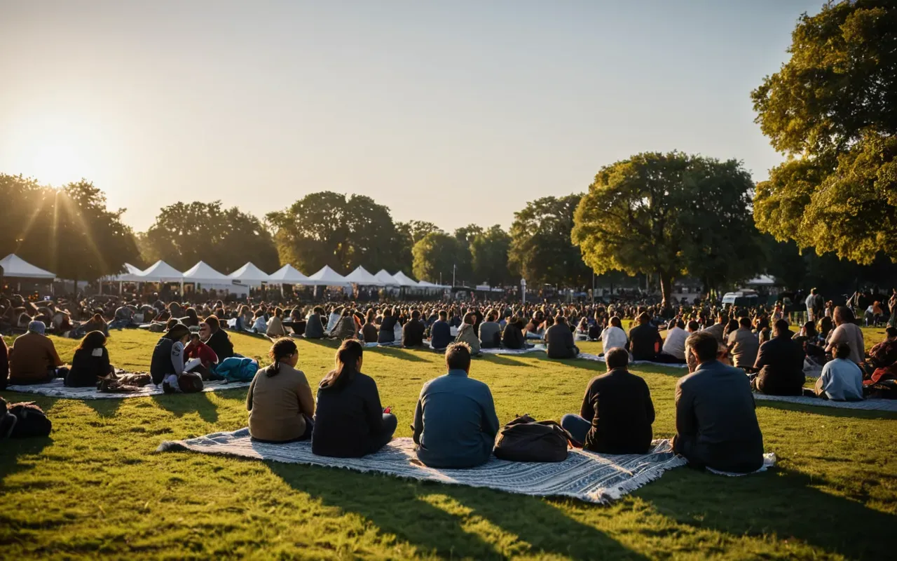 crowd gathering Wide shot of a large crowd gathered on a modern grassy park area in the late afternoon with warm golden light and people sitting on blankets watching a distant stage setup without any visible text or signage.