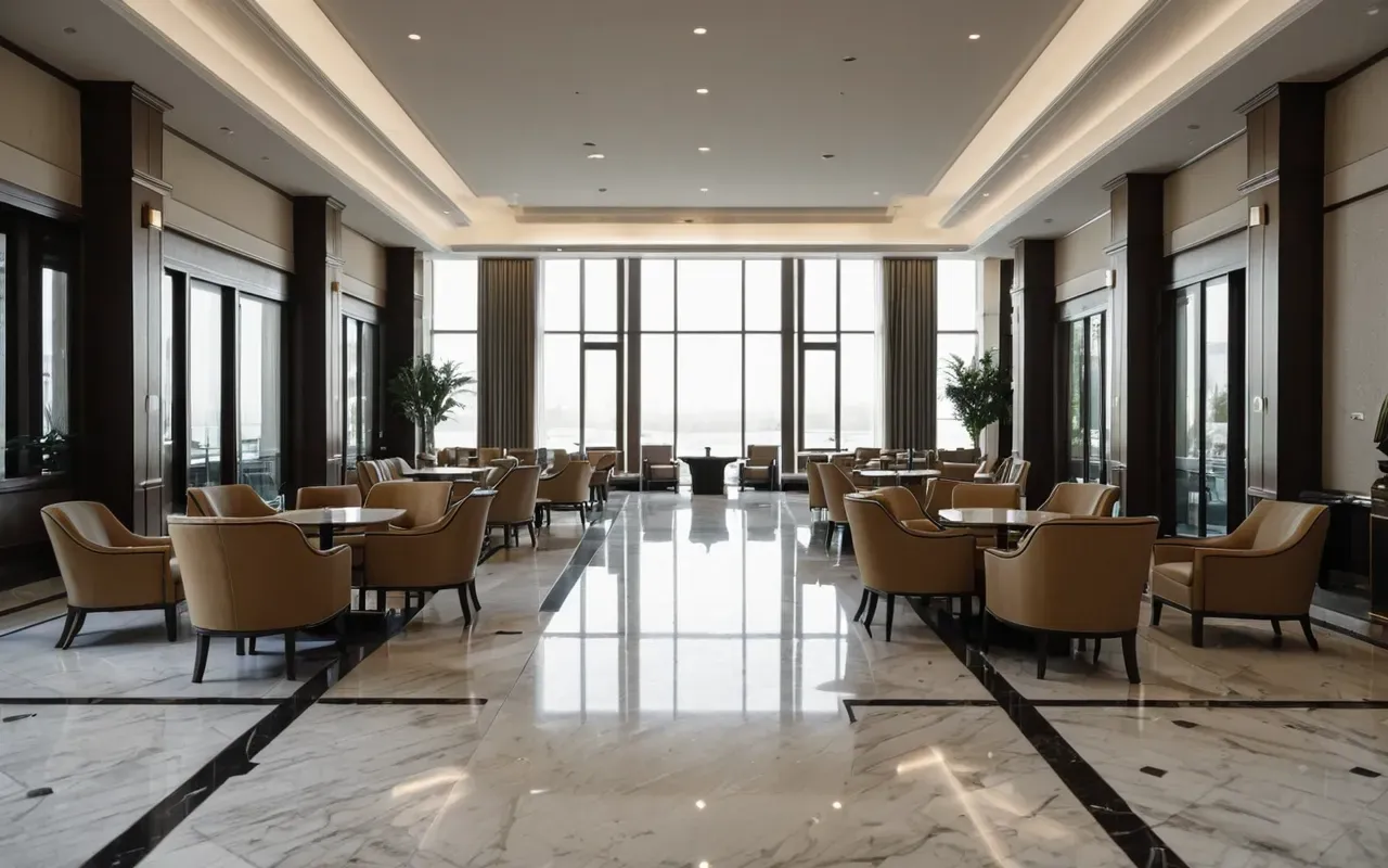 Wide shot of a modern hotel lobby with marble floors and large windows letting in soft morning light, empty chairs arranged neatly, calm atmosphere
