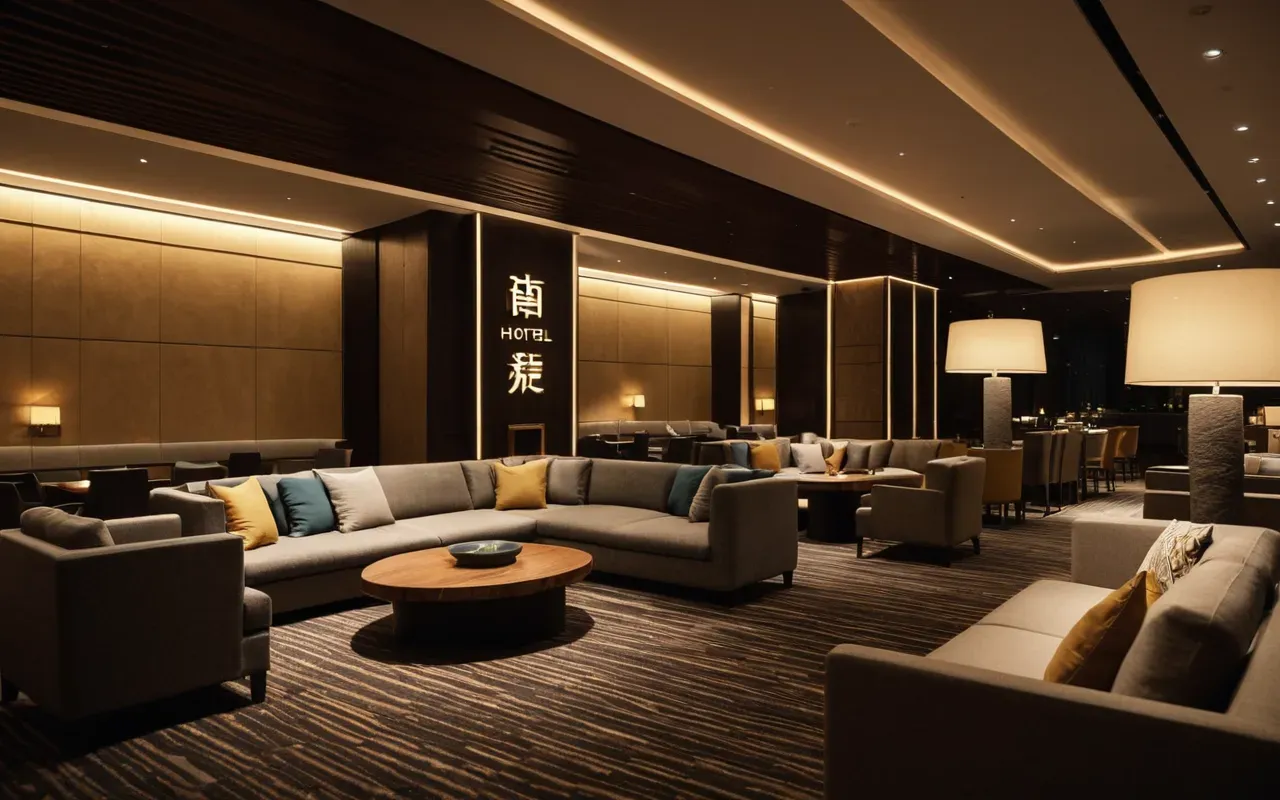 Wide shot of a modern hotel lounge area with comfortable seating and warm lighting where people are chatting casually in a relaxed environment