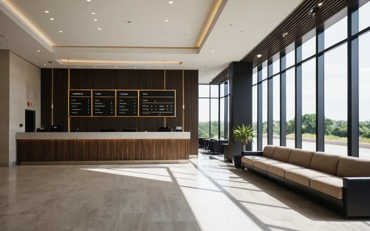 Wide shot of a modern minimalist hotel lobby with clean lines and neutral tones, soft natural daylight streaming through large windows, editorial photography style