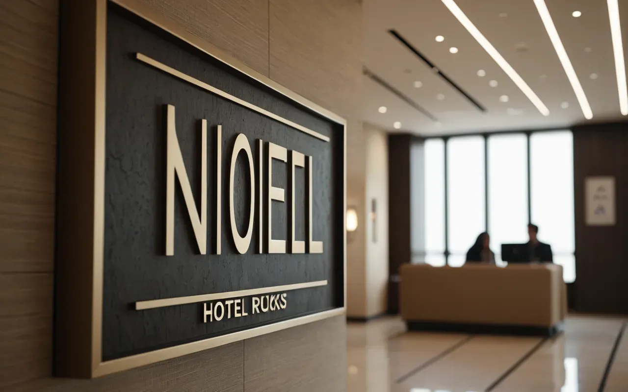 Wide shot of a modern minimalist hotel lobby with neutral tones and soft lighting