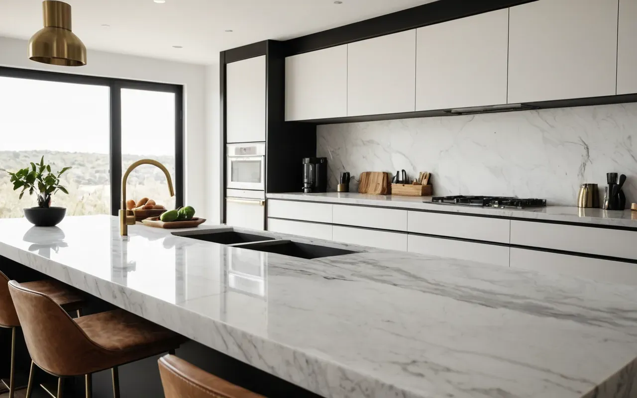 Wide shot of a modern minimalist kitchen interior with marble countertops, brushed brass fixtures, soft natural daylight, editorial photography
